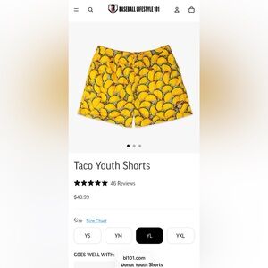 Baseball Lifestyle 101, Yellow Taco Youth Shorts, EUC, youth L